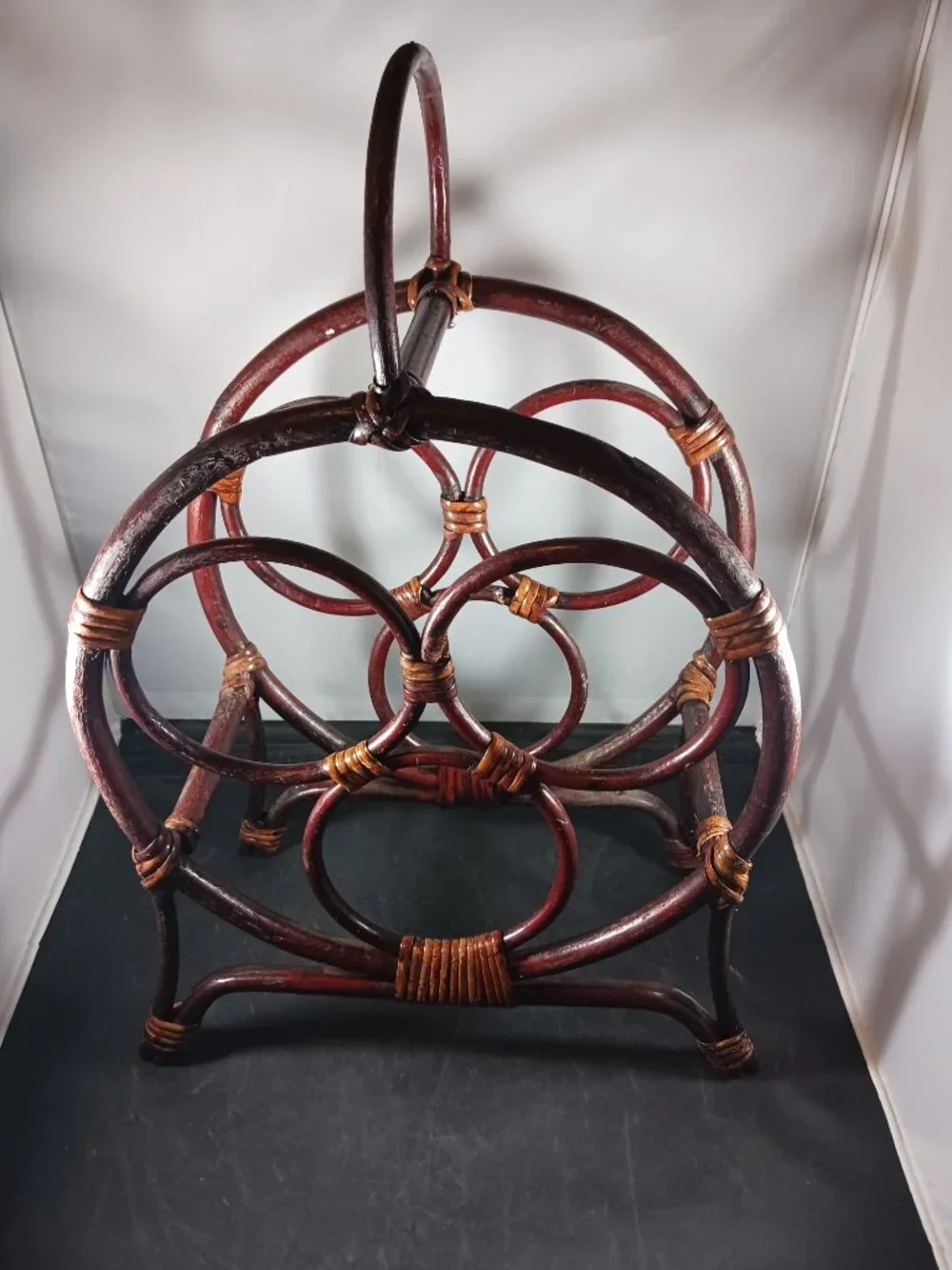 Vintage MCM Rattan Bamboo Wine Rack Holder Circle Round 3 Holders